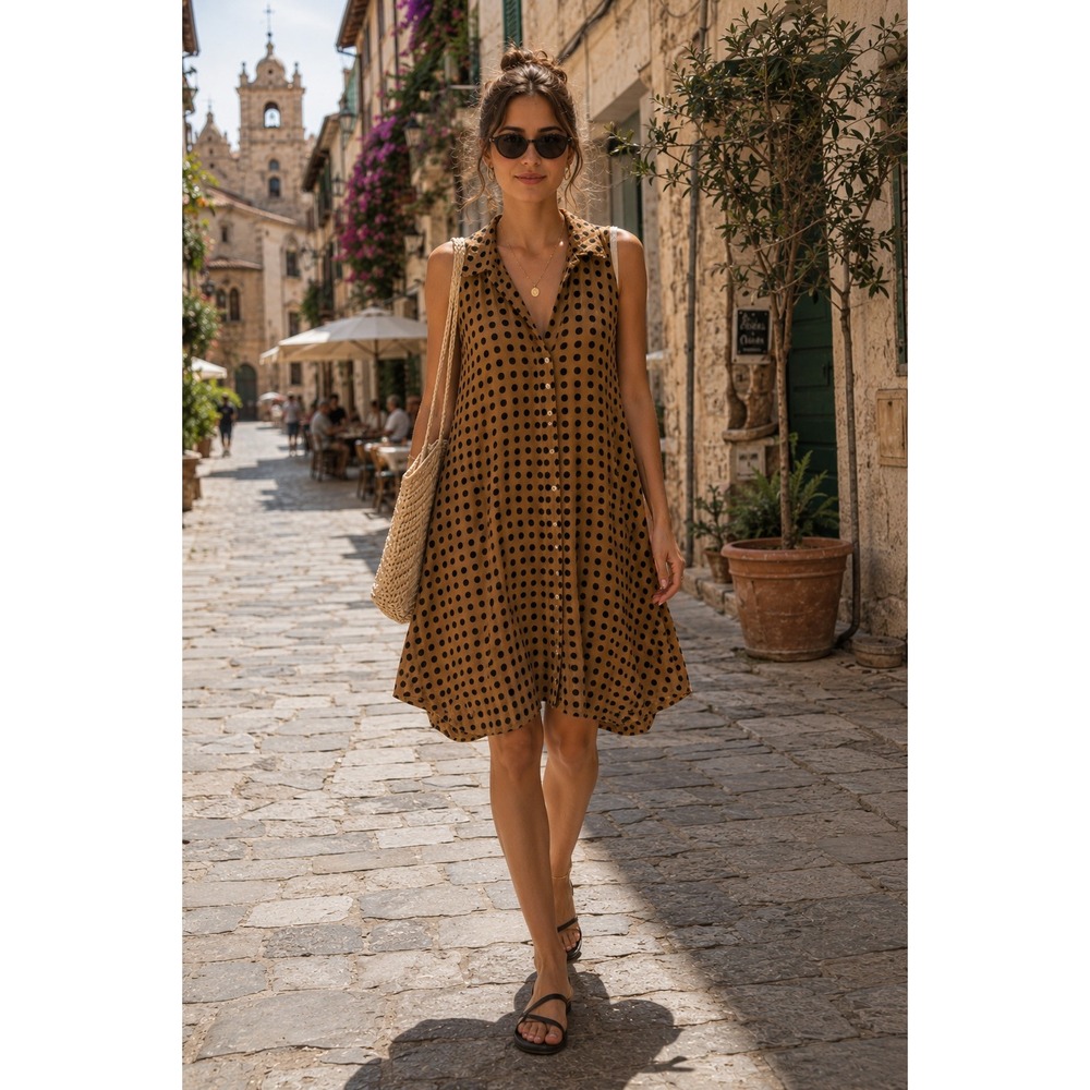Rosemarine Italian Polka Dot Button Front Sleeveless Linen Dress Small